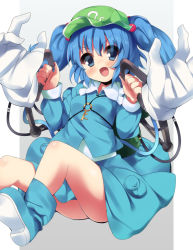 Rule 34 | 1girl, backpack, bad id, bad pixiv id, bag, bare legs, blue eyes, blue hair, blush, boots, extra arms, female focus, hair bobbles, hair ornament, hat, kawashiro nitori, key, long sleeves, matching hair/eyes, open mouth, short hair, short twintails, skirt, skirt set, smile, solo, supershiruco, touhou, twintails, two side up