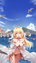 Rule 34 | 1girl, ahoge, bare shoulders, bead bracelet, beads, bikini, bird, blue sky, blush, bracelet, breasts, cleavage, collarbone, criss-cross halter, day, dress, fate/extra, fate/grand order, fate (series), gown, green eyes, hair between eyes, hair intakes, hair ribbon, halterneck, highres, jewelry, kakumayu, large breasts, long hair, looking at viewer, mountain, navel, nero claudius (fate), nero claudius (fate) (all), nero claudius (swimsuit caster) (fate), nero claudius (swimsuit caster) (third ascension) (fate), ocean, open mouth, red bikini, ribbon, seagull, ship, side-tie bikini bottom, sky, smile, solo, striped bikini, striped clothes, swimsuit, thighs, watercraft, white ribbon