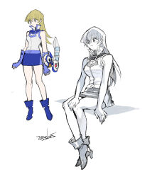Rule 34 | 1girl, 203wolves, ankle boots, arm support, artist name, bare legs, bare shoulders, blonde hair, blue footwear, blue skirt, boots, breasts, buttons, closed mouth, commentary request, duel academy uniform (yu-gi-oh! gx), duel disk, elbow gloves, full body, gloves, greyscale, high heel boots, high heels, highres, long hair, medium breasts, miniskirt, monochrome, multiple views, pencil skirt, signature, simple background, sitting, skirt, sleeveless, tenjouin asuka, thighs, turtleneck, upper body, white background, yellow eyes, yu-gi-oh!, yu-gi-oh! gx
