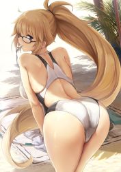 Rule 34 | 1girl, akita hika, ass, back, bad id, bad pixiv id, bare shoulders, black-framed eyewear, blonde hair, blue eyes, blush, breasts, commentary request, competition swimsuit, fate/grand order, fate (series), from behind, glasses, hair between eyes, highres, hip focus, jeanne d&#039;arc (fate), jeanne d&#039;arc (ruler) (fate), jeanne d&#039;arc (swimsuit archer) (fate), jeanne d&#039;arc (swimsuit archer) (second ascension) (fate), large breasts, leaning forward, long hair, looking at viewer, looking back, mouth hold, one-piece swimsuit, palm tree, ponytail, shade, solo, swimsuit, thighs, tree, very long hair, whistle, whistle around neck, white background, white one-piece swimsuit