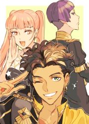 Rule 34 | 1girl, 2boys, blunt bangs, bowl cut, braid, breasts, brown hair, capelet, claude von riegan, cowboy shot, crossed arms, dark skin, earrings, epaulettes, fire emblem, fire emblem: three houses, garreg mach monastery uniform, green background, green eyes, grin, hand to own mouth, hilda valentine goneril, jewelry, long hair, looking at another, looking at viewer, looking back, lorenz hellman gloucester, matching hair/eyes, medium breasts, multiple boys, nintendo, one eye closed, pink eyes, pink hair, purple eyes, purple hair, salute, short hair, side braid, simple background, smile, sparkle, teeth, twintails, two-finger salute, two-tone background, ugonba (howatoro), upper body, wavy hair, white background