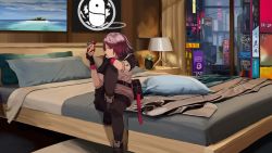 Rule 34 | 1girl, arknights, bed, black gloves, black pantyhose, cocktail, exusiai (arknights), fingerless gloves, gloves, halo, highres, indoors, kuroinu9, on bed, orange eyes, painting (object), pantyhose, plant, potted plant, red hair, short hair, sitting, solo, window