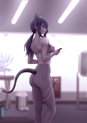 Rule 34 | 1girl, absurdres, arknights, ass, backlighting, bare arms, bare shoulders, black hair, breasts, ceiling light, cellphone, ch&#039;en (arknights), chalkboard, earrings, feet out of frame, grey pants, high-waist pants, highres, holding, holding phone, horns, indoors, jewelry, long hair, looking afar, medium breasts, pants, parted lips, phone, ponytail, red eyes, sidelocks, smartphone, solo, sports bra, standing, stud earrings, tail, trash can, yoga pants, yunkaiming