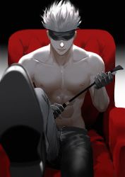 Rule 34 | 1boy, abs, black blindfold, black footwear, black gloves, black pants, blindfold, couch, covered eyes, genii, gloves, gojou satoru, gradient background, highres, holding, holding riding crop, jujutsu kaisen, leg up, male focus, navel, nipples, on couch, pants, riding crop, shoes, short hair, sitting, smile, solo, spiked hair, toned, toned male, topless male, white hair