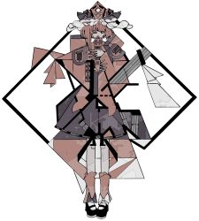 Rule 34 | 1girl, absurdres, adapted costume, asymmetrical hair, bright pupils, brown theme, coat, commentary request, cubism, frilled hat, frills, full body, geometry, harano kaguyama, hat, highres, looking at viewer, mary janes, monochrome, one eye closed, rod of remorse, shiki eiki, shoes, skirt, socks, solo, standing, touhou, white background, white pupils