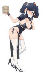 Rule 34 | 1girl, ahoge, aningay, bamboo steamer, bikini, bikini under clothes, black bikini, black footwear, black hair, blue eyes, china dress, chinese clothes, copyright request, covered navel, dress, full body, hands up, high heels, highres, holding, leaning forward, multicolored hair, orange hair, pelvic curtain, shoes, short eyebrows, short sleeves, simple background, solo, standing, streaked hair, swimsuit, thick eyebrows, thighhighs, twintails, white background, white thighhighs