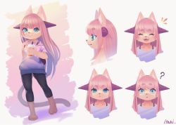 Rule 34 | 1girl, ?, absurdres, animal ears, blue eyes, body fur, cat ears, cat tail, character sheet, closed eyes, female focus, furry, furry female, highres, horns, itaki (itakinomaturi), long hair, open mouth, original, pink hair, profile, smile, solo, tail