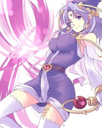 Rule 34 | 1girl, blue hair, bracelet, breasts, celine jules, closed mouth, dress, elbow gloves, forehead jewel, gloves, harushino, jewelry, large breasts, leg tattoo, looking at viewer, one eye closed, pointy hat, purple dress, purple eyes, short hair, smile, solo, staff, star ocean, star ocean the second story, tattoo, thighhighs