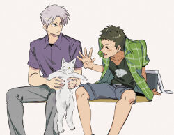 Rule 34 | 2boys, absurdres, akagi: yami ni oritatta tensai, akagi shigeru, animal, belt, black belt, black shirt, cat, closed eyes, closed mouth, commentary request, expressionless, feet out of frame, freckles, fukumoto mahjong, green shirt, grey cat, grey hair, grey pants, grey shorts, highres, holding, holding animal, holding cat, inudori, invisible chair, looking at animal, male focus, multiple boys, nozaki osamu, open clothes, open mouth, open shirt, pants, parted bangs, plaid, plaid shirt, purple shirt, shirt, short bangs, short hair, short sleeves, shorts, simple background, sitting, smile, very short hair
