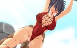 Rule 34 | 00s, 1girl, areola slip, bent over, black hair, blush, breasts, casual one-piece swimsuit, censored, cleavage, covered erect nipples, cross-laced clothes, fujibayashi sheena, highleg, highleg swimsuit, highres, huge breasts, large breasts, looking down, one-piece swimsuit, one eye closed, penis, sex, short hair, swimsuit, tales of (series), tales of symphonia, testicles, tomite, vaginal, wink, yellow eyes