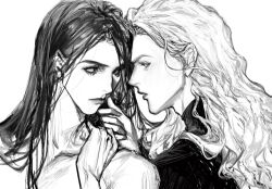 Rule 34 | 2boys, animification, bishounen, closed mouth, collarbone, collared jacket, eye contact, eyelashes, greyscale, hand on another&#039;s chest, hand on another&#039;s neck, high collar, interview with a vampire, jacket, lestat de lioncourt (interview with a vampire), lipstick, long hair, long sleeves, looking at another, louis de pointe du lac, makeup, male focus, monochrome, multiple boys, parted lips, simple background, thick eyebrows, topless male, upper body, wavy hair, white background, yaoi, zhishi (itsme948)