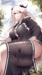 Rule 34 | 1girl, absurdres, aegir (azur lane), alternate costume, armband, ass, azur lane, black dress, blurry, blurry background, breasts, brown eyes, dragon horns, dress, feet out of frame, german flag, grin, hand on own hip, highres, horns, large breasts, long hair, looking at viewer, multicolored hair, open mouth, parted lips, samip, sideboob, sitting, smile, solo, streaked hair, thighs, tree, very long hair, white hair