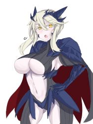 Rule 34 | &gt;:o, 1girl, :o, armor, armpits, artoria pendragon (fate), artoria pendragon (lancer alter) (fate), blonde hair, blush, breasts, cape, cleavage, cowboy shot, fate/grand order, fate (series), gauntlets, hair between eyes, hand on own hip, highres, horns, large breasts, looking at viewer, open mouth, pauldrons, saber (fate), saber alter, short hair, shoulder armor, solo, sprout (33510539), underboob, v-shaped eyebrows, yellow eyes