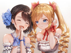 Rule 34 | 2girls, :d, :t, ^ ^, bare shoulders, black hair, blonde hair, blue bow, blue eyes, blue ribbon, blush, bow, braid, breasts, cleavage, closed eyes, closed mouth, collar, collarbone, commentary request, copyright request, detached collar, dress, earrings, frilled dress, frills, gradient background, grey background, hair bow, hair ribbon, jewelry, lunacle, medium breasts, multiple girls, open mouth, own hands together, pout, rae taylor, red bow, ribbed dress, ribbon, ringlets, short hair, smile, strapless, strapless dress, swept bangs, twintails, upper body, wavy mouth, white background, white collar, white dress, wrist bow