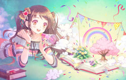 Rule 34 | 1girl, autumn leaves, bare shoulders, book, boya, bracelet, brown hair, cherry blossoms, cloud, hair ornament, jewelry, long hair, megaphone, nail polish, original, pink eyes, pop-up book, rainbow, solo, tree, twintails, two side up