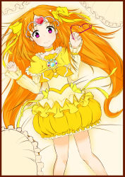Rule 34 | 10s, 1girl, absurdres, bed, boots, bow, brooch, bubble skirt, choker, circlet, cure muse, cure muse (yellow), cushion, dress, frills, glasses, hair ribbon, heart, highres, jewelry, long hair, lying, magical girl, orange hair, precure, purple eyes, ribbon, shirabe ako, skirt, smile, solo, suite precure, yellow bow, yellow dress, yellow skirt