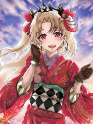 Rule 34 | :d, blonde hair, blush, brown gloves, earrings, ereshkigal (fate), fate/grand order, fate (series), floral print, gloves, hair ribbon, highres, hoop earrings, japanese clothes, jewelry, kimono, long hair, looking at viewer, nengajou, new year, obi, open mouth, parted bangs, pon (syugaminp), red eyes, red ribbon, ribbon, sash, skull, sky, smile, solo, tiara, tohsaka rin, two side up, wide sleeves