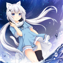 Rule 34 | 1girl, absurdres, animal ear fluff, animal ears, black thighhighs, blue dress, blue eyes, blush, cat ears, cat girl, cat tail, closed mouth, commentary request, dress, dutch angle, feet out of frame, hair between eyes, hair ornament, hand on headphones, headphones, headphones around neck, highres, long hair, looking at viewer, low twintails, night, night sky, original, outdoors, sailor collar, sailor dress, sakuraba hikaru (loveindog), short sleeves, single thighhigh, sky, smile, solo, star (sky), starry sky, tail, thighhighs, twintails, very long hair, wading, water, water drop, white hair, white sailor collar, x hair ornament