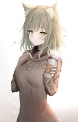 Rule 34 | 1girl, animal ear fluff, animal ears, arknights, blush, brown sweater, cat ears, cat girl, coffee cup, cup, disposable cup, green hair, hands up, highres, holding, holding cup, jewelry, kal&#039;tsit (arknights), long sleeves, looking at viewer, necklace, poni (poni arknights), ribbed sweater, short hair, simple background, smile, solo, steam, sweater, turtleneck, turtleneck sweater, upper body, white background, yellow eyes