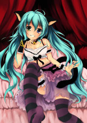 Rule 34 | 1girl, animal ears, aqua hair, awl, bad id, bad pixiv id, bell, blue eyes, cat ears, cat tail, feet, green eyes, grin, hatsune miku, heterochromia, highres, jingle bell, legs, long hair, midriff, navel, smile, solo, striped clothes, striped thighhighs, tail, thighhighs, toaru awl, twintails, very long hair, vocaloid, zettai ryouiki