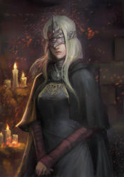 Rule 34 | 1girl, absurdres, black cape, blonde hair, breasts, candle, cape, cloak, commentary request, covered eyes, cowboy shot, dark souls (series), dark souls iii, embers, facing viewer, fire keeper, highres, indoors, jewelry, lips, long hair, mask, necklace, own hands clasped, own hands together, phamoz, photoshop (medium), red lips, solo, stone wall, v arms, wall