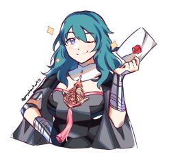 Rule 34 | 1girl, armor, blue eyes, blue hair, breasts, byleth (female) (fire emblem), byleth (fire emblem), cape, closed mouth, envelope, fire emblem, fire emblem: three houses, graysheartart, grin, hand on own hip, holding, looking at viewer, medium hair, nintendo, one eye closed, simple background, smash invitation, smile, solo, super smash bros., twitter username, upper body, wax seal, white background, wink