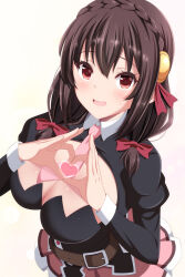 Rule 34 | 1girl, black shirt, blush, bow, braid, breasts, brown hair, bunny1219, cleavage, cleavage cutout, clothing cutout, colored eyelashes, commentary request, cowboy shot, crown braid, foreshortening, from above, hair between eyes, hair bow, hair ribbon, hands up, heart, heart hands, highres, juliet sleeves, kono subarashii sekai ni shukufuku wo!, large breasts, long sleeves, looking at viewer, medium hair, miniskirt, necktie, open mouth, pink necktie, pink skirt, pleated skirt, puffy sleeves, red bow, red eyes, red ribbon, ribbon, shirt, short necktie, simple background, skirt, smile, solo, sweatdrop, white background, yunyun (konosuba)