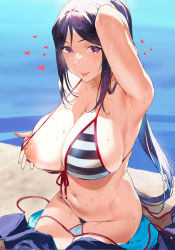 Rule 34 | 1girl, :p, arm up, armpits, beach, bikini, bikini pull, blush, breasts, cleavage, clothes pull, commission, day, female pubic hair, front-tie top, groin, halterneck, heart, heart-shaped pupils, huge breasts, ikuchan kaoru, large areolae, long hair, looking at viewer, love live!, love live! sunshine!!, matsuura kanan, navel, nipples, one breast out, outdoors, ponytail, pubic hair, pulled by self, purple eyes, purple hair, side-tie bikini bottom, sitting, skeb commission, skindentation, smile, solo, stray pubic hair, string bikini, striped bikini, striped clothes, sunlight, swimsuit, symbol-shaped pupils, tongue, tongue out, undressing, untied bikini, very long hair, water, wet