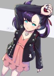Rule 34 | 1girl, 2019, aqua eyes, backpack, bag, black hair, black jacket, black nails, blush, closed mouth, collarbone, commentary request, creatures (company), dress, earrings, game freak, grey background, hair ribbon, holding, holding poke ball, ittokyu, jacket, jewelry, long hair, long sleeves, looking at viewer, marnie (pokemon), nail polish, nintendo, open clothes, open jacket, pink dress, poke ball, poke ball (basic), pokemon, pokemon swsh, purple hair, red ribbon, ribbon, signature, sleeves past wrists, solo, standing, stud earrings, twintails, two-tone background