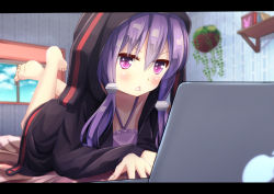 Rule 34 | &gt;:o, 1girl, :o, animal ears, apple inc., bad id, bad pixiv id, barefoot, bed, blush, chinomaron, computer, feet, foreshortening, hair ornament, hair tubes, highres, hood, hooded jacket, indoors, jacket, laptop, letterboxed, long hair, lying, on bed, on stomach, purple eyes, purple hair, room, solo, the pose, triangle mouth, twintails, v-shaped eyebrows, vocaloid, voiceroid, yuzuki yukari