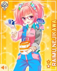Rule 34 | 1girl, bag, blue jacket, bow, buttons, character name, collar, english text, girlfriend (kari), glasses, gloves, jacket, jumpsuit, looking at viewer, nejikawa raimu, official art, open mouth, pink bow, pink hair, pink jacket, pockets, purple eyes, qp:flapper, short hair, smile, tagme, twintails, yellow background