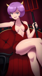 Rule 34 | 1girl, adapted costume, armpits, bare shoulders, breasts, cleavage, clenched hand, collarbone, courtney (pokemon), courtney (pokemon oras), creatures (company), crossed legs, dmy-gfx, dress, eyelashes, fake horns, female focus, fingernails, formal, game freak, half-closed eyes, highres, horns, legs, long dress, looking at viewer, matching hair/eyes, medium breasts, neck, nintendo, no bra, open mouth, outstretched arms, pokemon, pokemon oras, polearm, purple eyes, purple hair, red dress, revealing clothes, scott bennett, seductive smile, shiny clothes, shiny skin, short hair, side bangs, side slit, sidelocks, sitting, sleeveless, sleeveless dress, smile, spread arms, team magma, thighs, trident, weapon