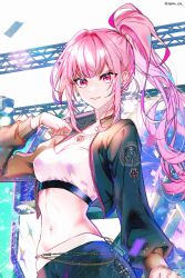 Rule 34 | 1girl, breasts, cleavage, hat, highres, hololive, hololive english, long hair, long sleeves, looking at viewer, medium breasts, mori calliope, pink eyes, pink hair, ponytail, smile, solo, sowon, virtual youtuber