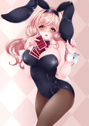 Rule 34 | 1girl, amane (zmc), animal ears, bad id, bad pixiv id, between breasts, blonde hair, bow, bowtie, breasts, card, card between breasts, detached collar, fake animal ears, original, pantyhose, playboy bunny, playing card, rabbit ears, rabbit tail, solo, standing, tail, wrist cuffs, yellow eyes