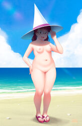 Rule 34 | 1girl, absurdres, beach, blue sky, breasts, brown hair, cleft of venus, cloud, cloudxmoe, completely nude, fat, glasses, hand on own hip, hat, highres, medium breasts, navel, nipples, nude, ocean, original, plump, pussy, red footwear, sandals, sky, small breasts, solo, sunlight, thick thighs, thighs, white hat, witch, witch hat