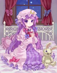 Rule 34 | 1girl, :3, ama-tou, bed, book, bow, crescent, curtains, female focus, hair bow, hat, heart, heart-shaped pillow, highres, jpeg artifacts, light smile, long hair, patchouli knowledge, pillow, purple eyes, purple hair, smile, solo, star (symbol), stuffed animal, stuffed rabbit, stuffed toy, touhou, very long hair, window