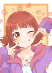 Rule 34 | 1girl, ;d, ;q, ame hisame, blunt bangs, blush, brown hair, collarbone, finger to cheek, highres, hood, hooded jacket, idolmaster, idolmaster million live!, jacket, jewelry, looking at viewer, necklace, nonohara akane, one eye closed, open mouth, patterned background, purple jacket, smile, solo, tongue, tongue out, upper body