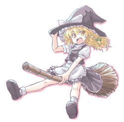 Rule 34 | 1girl, aokukou, apron, black footwear, black headwear, black skirt, black vest, blonde hair, bow, braid, broom, broom riding, collared shirt, commentary, dot nose, floating hair, frilled apron, frilled headwear, frilled skirt, frills, full body, green bow, hair between eyes, hair bow, hat, holding, holding broom, holding clothes, holding hat, kirisame marisa, light blush, long hair, looking at viewer, open mouth, puffy short sleeves, puffy sleeves, shirt, short sleeves, simple background, single braid, skirt, smile, socks, solo, teeth, touhou, upper teeth only, vest, waist apron, white apron, white background, white bow, white shirt, white socks, witch hat, yellow eyes