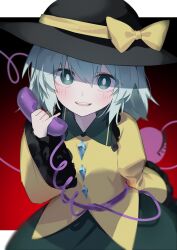 Rule 34 | 1girl, black hat, bow, bright pupils, commentary, gradient background, green eyes, green hair, green skirt, hat, hat bow, highres, holding, holding phone, komeiji koishi, looking at viewer, medium hair, phone, red background, shirt, skirt, solo, suikario, third eye, touhou, upper body, white pupils, yellow bow, yellow shirt