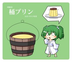 Rule 34 | 1girl, blush stickers, breasts, bucket, cleavage, female focus, food, green hair, hair bobbles, hair ornament, kisume, long sleeves, open mouth, plate, pudding, short hair, solo, standing, touhou, translation request, twintails, urushi, wide sleeves