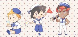 Rule 34 | 3boys, ahoge, alternate costume, anchor symbol, arm up, artist name, ash ketchum, bad id, bad pixiv id, bare shoulders, beret, between legs, black eyes, black hair, blue footwear, blue headwear, blue neckwear, blue sailor collar, blue shirt, blue shorts, blush, blush stickers, brown eyes, brown hair, chibi, closed mouth, creatures (company), dark-skinned male, dark skin, flag, food, full body, game freak, gen 7 pokemon, grin, hand between legs, hand up, happy, hat, holding, ice cream, kiawe (pokemon), leg up, licking lips, lightning bolt symbol, looking at viewer, looking to the side, male focus, mei (maysroom), midriff peek, multicolored hair, multiple boys, navel, neckerchief, necktie, nintendo, one eye closed, open mouth, orange hair, outstretched arms, pants, poke ball theme, pokemon, pokemon (anime), pokemon (creature), pokemon sm (anime), polka dot, polka dot background, red hair, sailor collar, sailor shirt, shirt, shoes, short sleeves, shorts, signature, simple background, sitting, sleeveless, sleeveless shirt, smile, socks, sophocles (pokemon), spyglass, standing, standing on one leg, striped clothes, striped shirt, sweat, teeth, togedemaru, tongue, tongue out, trial captain, two-tone hair, white headwear, white legwear, white pants, white shirt, wink