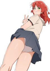 Rule 34 | 1girl, :&gt;, ass, bocchi the rock!, commentary request, cowboy shot, green eyes, grey skirt, hand up, highres, kita ikuyo, kneepits, long hair, one side up, panties, pantyshot, pleated skirt, red hair, sakura 1110ssmm, school uniform, shuka high school uniform, simple background, skirt, smile, solo, thighs, underwear, v-shaped eyebrows, w, white background, white panties