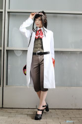 Rule 34 | 1girl, ace attorney, apollo justice ace attorney, asian, black footwear, black hair, blue eyes, capcom, color contacts, cosplay, ema skye, ema skye (cosplay), eyewear on head, full body, high heels, lab coat, long hair, looking at viewer, namada, outdoors, photo (medium), shoes, solo, standing, sunglasses, vest