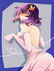 Rule 34 | 1girl, akasata, alternate costume, back, backless dress, backless outfit, bad id, bad pixiv id, bare back, bare shoulders, blush, dress, elbow gloves, embarrassed, female focus, formal, from behind, gloves, hair ornament, heart, leaf, looking back, oekaki, purple hair, red eyes, short hair, solo, sweatdrop, touhou, yasaka kanako