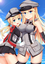 Rule 34 | 10s, 2girls, :d, anchor hair ornament, ass, bare shoulders, bismarck (kancolle), black legwear, black skirt, blonde hair, blue eyes, blue sky, breasts, cloud, cowboy shot, cross, day, detached sleeves, gloves, hair ornament, hat, highres, iron cross, kantai collection, large breasts, lens flare, long hair, looking at viewer, microskirt, military, military hat, military uniform, mmrailgun, multiple girls, ocean, open mouth, panties, peaked cap, pleated skirt, prinz eugen (kancolle), skirt, sky, smile, thighhighs, twintails, underwear, uniform, white gloves, white panties