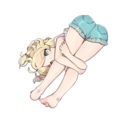 Rule 34 | 1girl, aa211108, ahoge, aqua shorts, ass, bare legs, barefoot, blonde hair, dot nose, dutch angle, frilled shorts, frills, from behind, full body, green eyes, hair tie, hugging own legs, idolmaster, idolmaster cinderella girls, knees to chest, korean commentary, legs, long hair, looking at viewer, mixed-language commentary, parted bangs, short shorts, short sleeves, shorts, simple background, solo, thigh gap, twintails, white background, yusa kozue