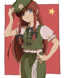Rule 34 | 1girl, blue eyes, border, bow, braid, breasts, brown hair, chinese clothes, closed mouth, collar, dress, green bow, green dress, green hat, green neckwear, hair bow, hand on headwear, hand on own hip, hand up, hat, hong meiling, kerok (joniko1110), long hair, looking to the side, medium breasts, puffy short sleeves, puffy sleeves, red background, short sleeves, simple background, smile, solo, standing, star (symbol), touhou, twin braids, white border, white collar, white sleeves