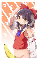 Rule 34 | 1girl, arm up, banana, black hair, blue necktie, blush, body blush, border, bottomless, bow, brown eyes, commentary request, cookie (touhou), cowboy shot, detached sleeves, eyes visible through hair, food, frilled bow, frills, fruit, gradient background, hair bow, hair tubes, hakurei reimu, highres, horns, looking at viewer, medium hair, mugi (cookie), navel, necktie, nontraditional miko, open mouth, orange background, red bow, red shirt, ribbon-trimmed sleeves, ribbon trim, sexually suggestive, sheep, sheep horns, shirt, sleeveless, sleeveless shirt, solo, standing, touhou, white border, white sleeves, yumekamaborosh