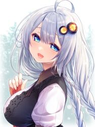 Rule 34 | 1girl, :d, ahoge, black dress, blue eyes, braid, breasts, collared shirt, commentary request, dress, fingerless gloves, from side, gloves, grey hair, hair between eyes, hair ornament, hand up, kizuna akari, large breasts, long hair, looking at viewer, looking to the side, low twintails, open mouth, orange gloves, puffy short sleeves, puffy sleeves, shirt, short sleeves, sleeveless, sleeveless dress, smile, solo, star (symbol), striped clothes, striped gloves, twin braids, twintails, upper body, usume shirou, vertical-striped clothes, vertical-striped gloves, voiceroid, white shirt