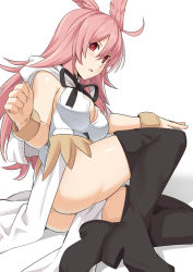 Rule 34 | 1girl, ass, bare shoulders, black footwear, black ribbon, blush, boots, breasts, cleavage, clothes between thighs, commentary request, fate/grand order, fate (series), head wings, high heel boots, high heels, hildr (fate), large breasts, long hair, open mouth, pink hair, red eyes, ribbon, shiseki hirame, simple background, sitting, solo, thigh boots, thighhighs, valkyrie (fate), white background, wings
